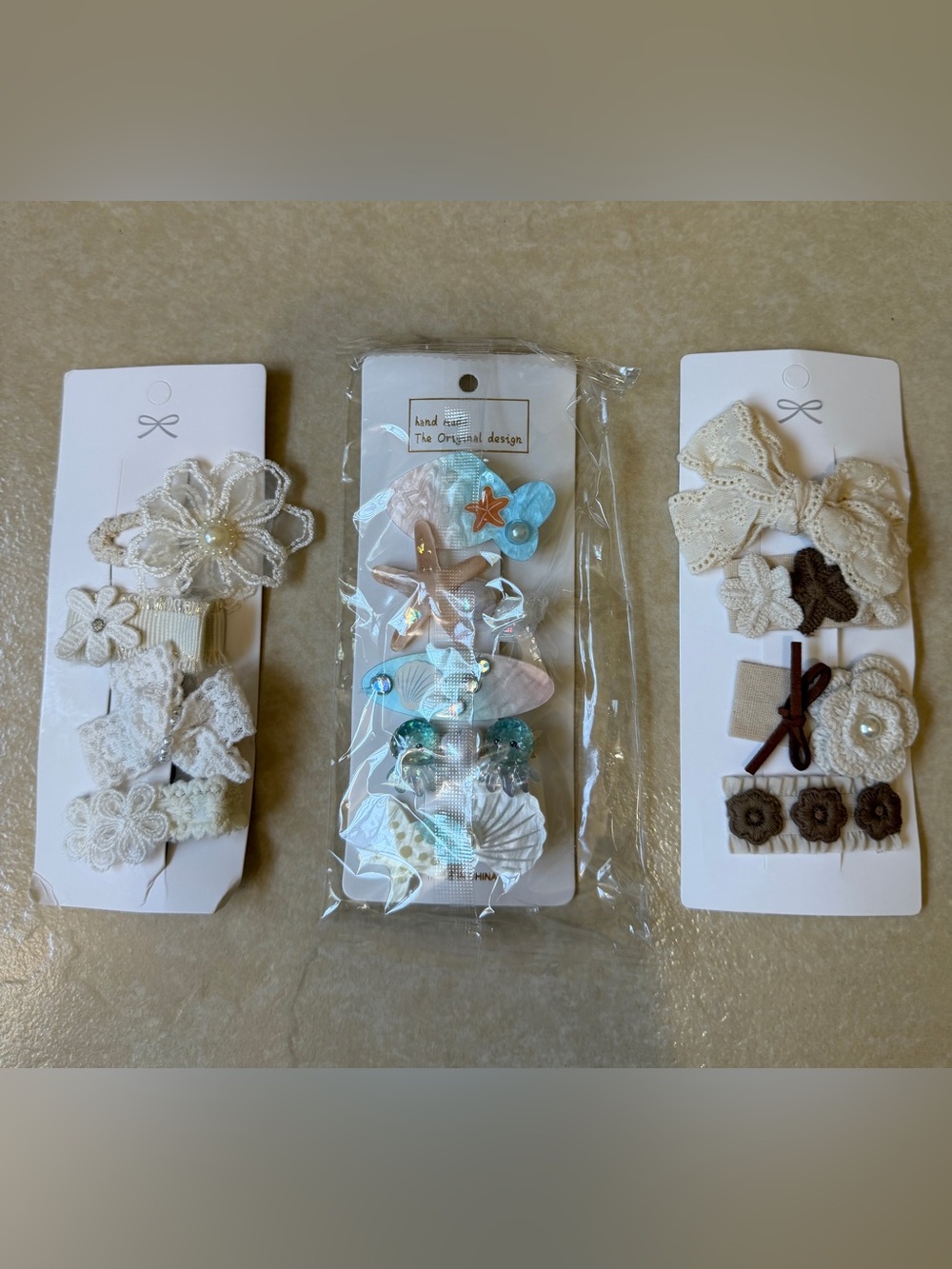 13pc Coquette Hair Clip Set Beige/Blue Lace Floral & Fish Pearl Accessories